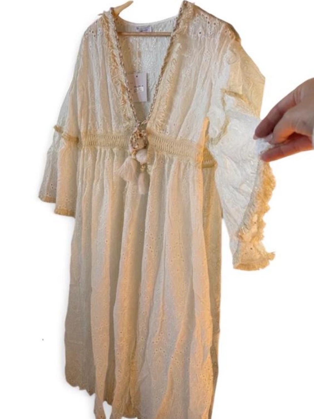 Sheer Eyelet Lace Kimono Robe in Cream with Tassel Tie